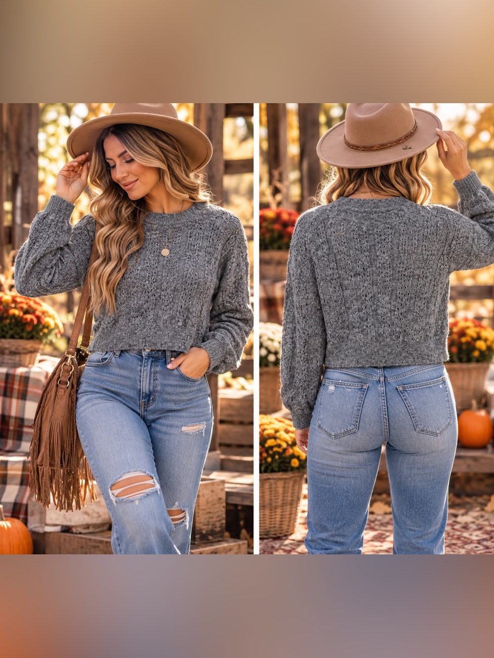 Dreamers Gray Cable-Knit Cropped Crew Sweater